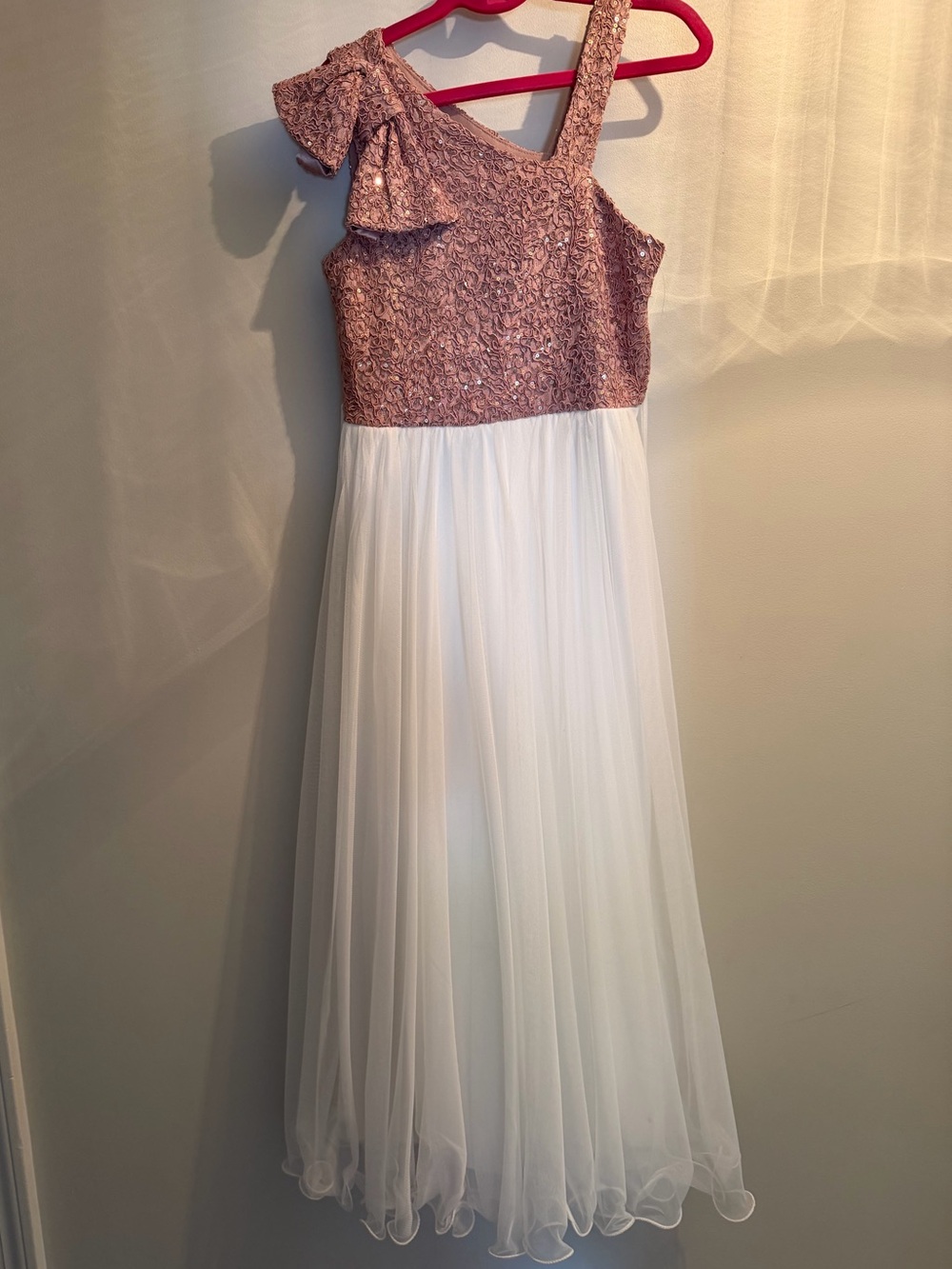 Girls One-Shoulder Pink Sequin Bodice with White Tulle Skirt Dress